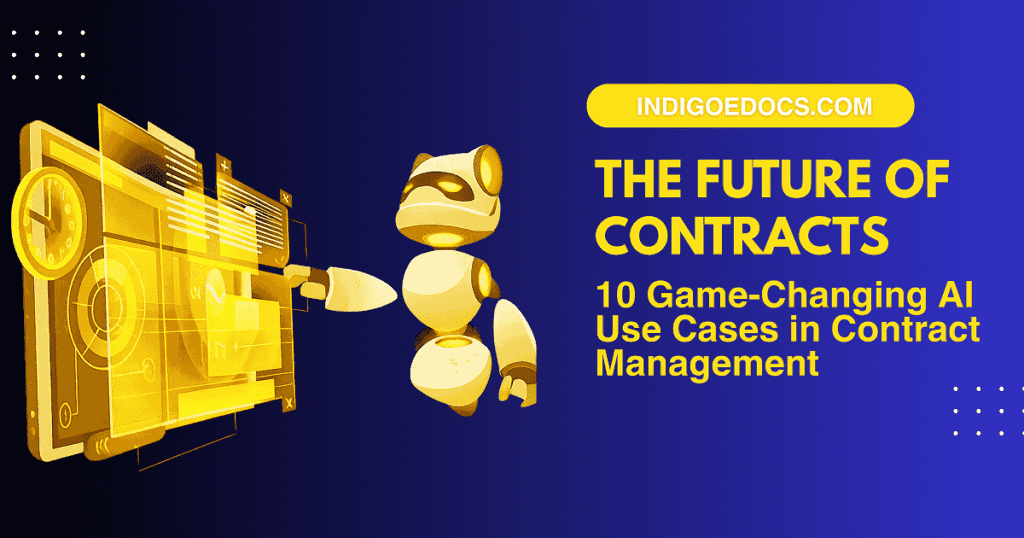 A picture of a small, yellow robot from the future with glowing yellow eyes and accents. It is interacting with a floating, see-through holographic interface. |AI use cases in contract management