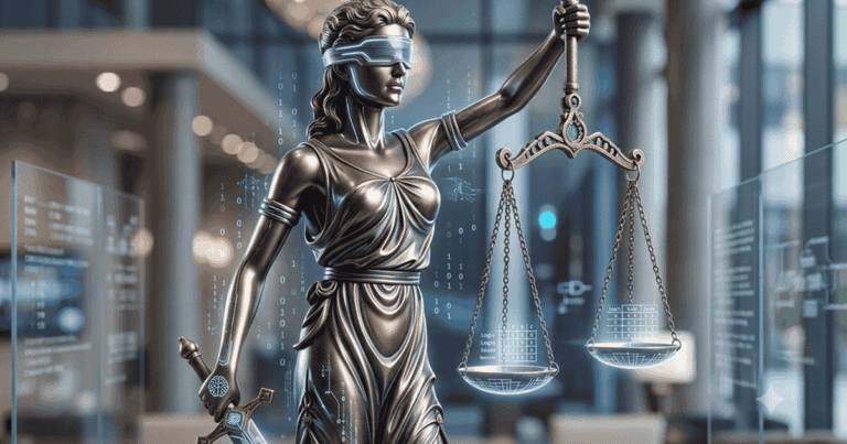 A minimalist graphic of a woman holding balanced golden scales, representing the zodiac sign Libra and Lady Justice.